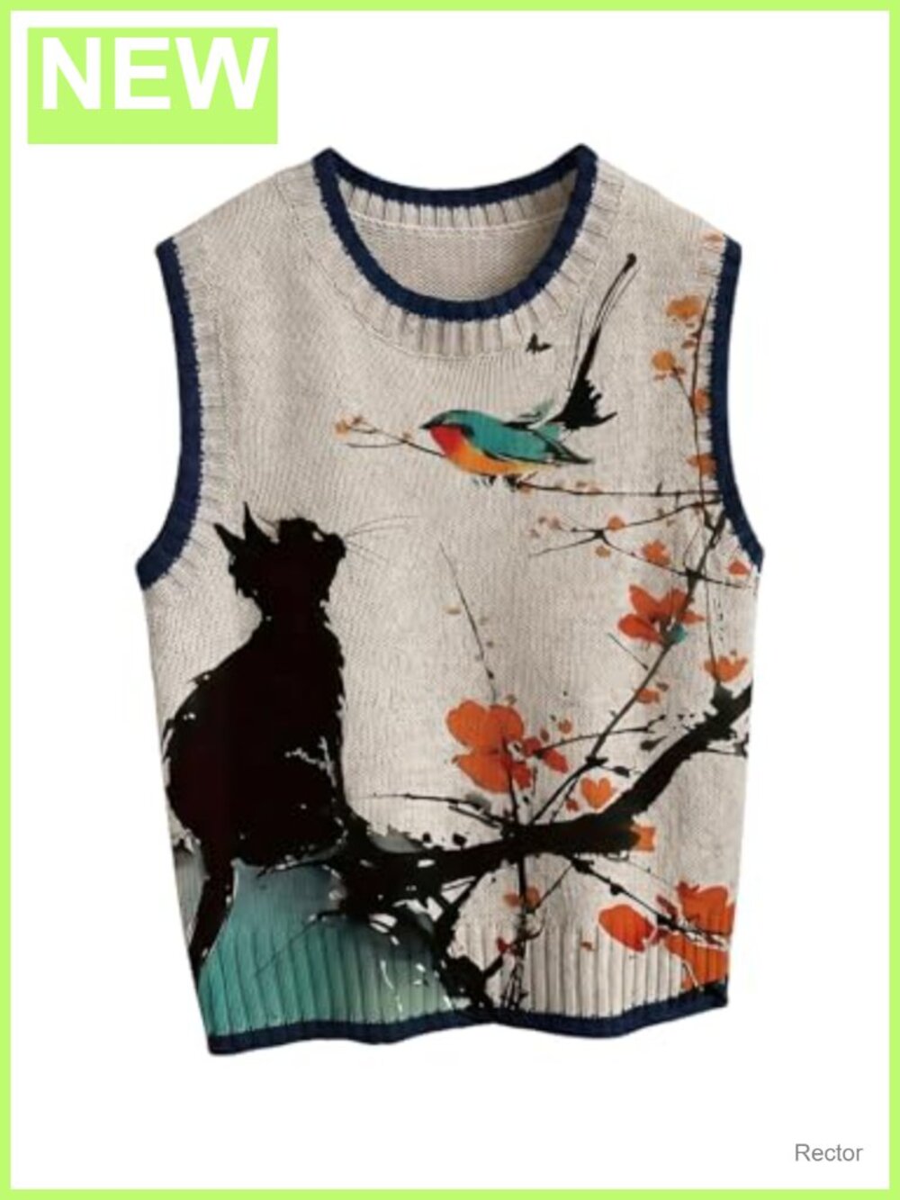 Cat Print Knit Sweater Vest Sleeveless Crew Neck Pullover